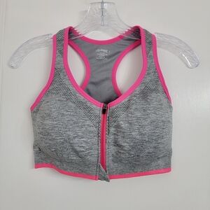 Danskin Sports Bra Gray and Pink Front Zip-Up Razor Back. Sz-L